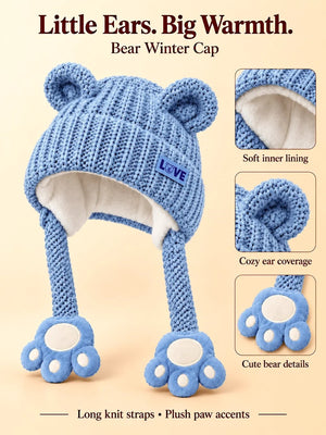 Mulberro Winter Knit Cap Blue Bear Kids | Soft Knit Beanie, 3D Ears, Plush Paw Straps & Fleece Lined | 1–3 Years - Kids Accessories