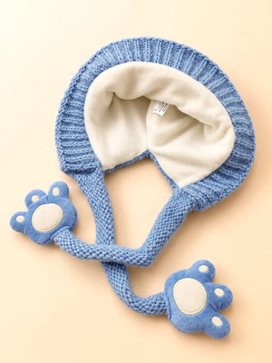 Mulberro Winter Knit Cap Blue Bear Kids | Soft Knit Beanie, 3D Ears, Plush Paw Straps & Fleece Lined | 1–3 Years - Kids Accessories