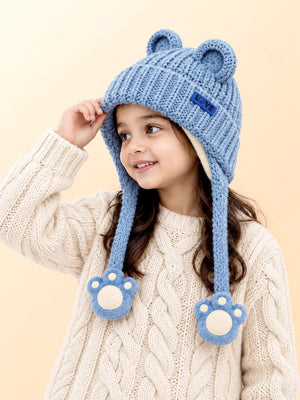 Mulberro Winter Knit Cap Blue Bear Kids | Soft Knit Beanie, 3D Ears, Plush Paw Straps & Fleece Lined | 1–3 Years - Kids Accessories