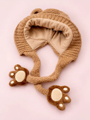 Mulberro Winter Knit Cap Brown Bear Toddler | Soft Knit Beanie, 3D Ears, Plush Paw Straps & Fleece Lined | 1–3 Years - Kids Accessories