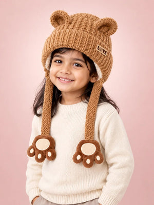 Mulberro Winter Knit Cap Brown Bear Toddler | Soft Knit Beanie, 3D Ears, Plush Paw Straps & Fleece Lined | 1–3 Years - Kids Accessories