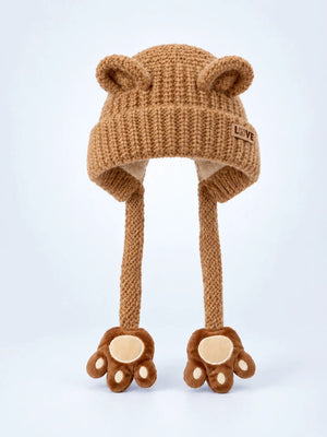 Mulberro Winter Knit Cap Brown Bear Toddler | Soft Knit Beanie, 3D Ears, Plush Paw Straps & Fleece Lined | 1–3 Years - Kids Accessories