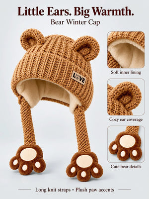 Mulberro Winter Knit Cap Brown Bear Toddler | Soft Knit Beanie, 3D Ears, Plush Paw Straps & Fleece Lined | 1–3 Years - Kids Accessories