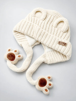 Mulberro Winter Knit Cap Cream Bear Kids | Soft Knit Beanie, 3D Ears, Plush Paw Straps & Fleece Lined | 1–3 Years - Kids Accessories
