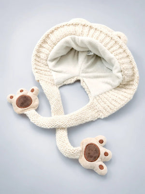 Mulberro Winter Knit Cap Cream Bear Kids | Soft Knit Beanie, 3D Ears, Plush Paw Straps & Fleece Lined | 1–3 Years - Kids Accessories