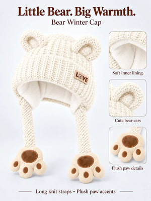 Mulberro Winter Knit Cap Cream Bear Kids | Soft Knit Beanie, 3D Ears, Plush Paw Straps & Fleece Lined | 1–3 Years - Kids Accessories