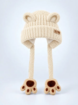 Mulberro Winter Knit Cap Cream Bear Kids | Soft Knit Beanie, 3D Ears, Plush Paw Straps & Fleece Lined | 1–3 Years - Kids Accessories