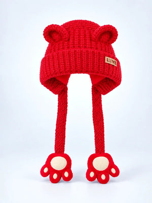 Mulberro Winter Knit Cap Red Bear Kids | Soft Knit Beanie, 3D Ears, Plush Paw Straps & Fleece Lined | 1–3 Years - Kids Accessories
