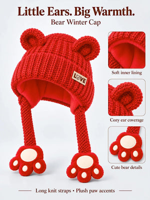 Mulberro Winter Knit Cap Red Bear Kids | Soft Knit Beanie, 3D Ears, Plush Paw Straps & Fleece Lined | 1–3 Years - Kids Accessories