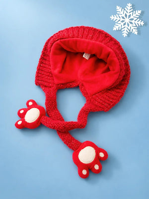Mulberro Winter Knit Cap Red Bear Kids | Soft Knit Beanie, 3D Ears, Plush Paw Straps & Fleece Lined | 1–3 Years - Kids Accessories