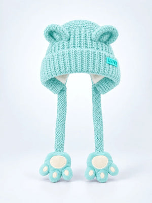 Mulberro Winter Knit Cap Teal Bear Toddler | Soft Knit Beanie, 3D Ears, Plush Paw Straps & Fleece Lined | 1–3 Years - Kids Accessories
