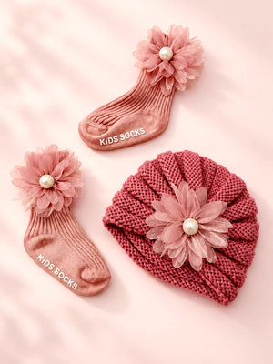 Mulberro Woollen Dusty Rose 3D Daisy Turban Cap & Flower Booties Set | Soft Knit | Baby Girls 0–12 Months - Kids Accessories