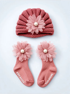 Mulberro Woollen Dusty Rose 3D Daisy Turban Cap & Flower Booties Set | Soft Knit | Baby Girls 0–12 Months - Kids Accessories
