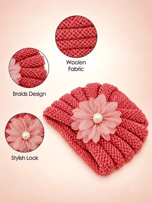 Mulberro Woollen Dusty Rose 3D Daisy Turban Cap & Flower Booties Set | Soft Knit | Baby Girls 0–12 Months - Kids Accessories