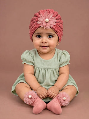 Mulberro Woollen Dusty Rose 3D Daisy Turban Cap & Flower Booties Set | Soft Knit | Baby Girls 0–12 Months - Kids Accessories
