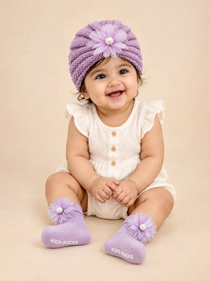 Mulberro Woollen Lavender 3D Daisy Turban Cap & Flower Socks Set | Soft Knit | Baby Girls 0–12 Months - Kids Accessories
