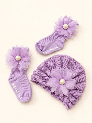 Mulberro Woollen Lavender 3D Daisy Turban Cap & Flower Socks Set | Soft Knit | Baby Girls 0–12 Months - Kids Accessories