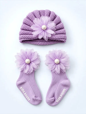Mulberro Woollen Lavender 3D Daisy Turban Cap & Flower Socks Set | Soft Knit | Baby Girls 0–12 Months - Kids Accessories