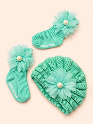 Mulberro Woollen Mint Green 3D Daisy Turban Cap & Flower Socks Set | Soft Knit | Baby Girls 0–12 Months - Kids Accessories