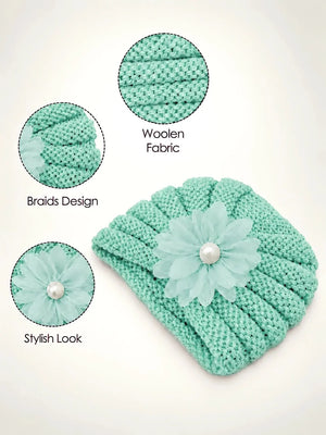 Mulberro Woollen Mint Green 3D Daisy Turban Cap & Flower Socks Set | Soft Knit | Baby Girls 0–12 Months - Kids Accessories
