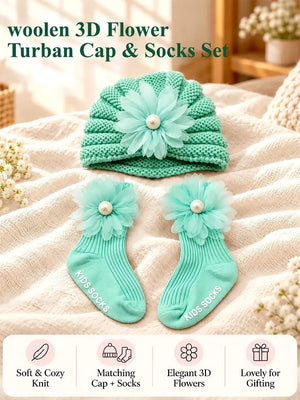 Mulberro Woollen Mint Green 3D Daisy Turban Cap & Flower Socks Set | Soft Knit | Baby Girls 0–12 Months - Kids Accessories