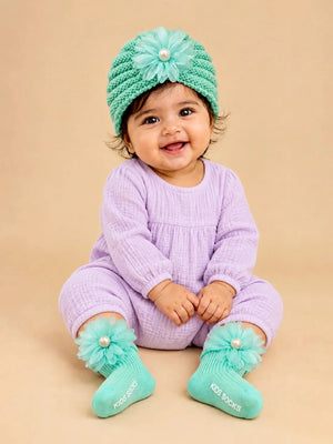 Mulberro Woollen Mint Green 3D Daisy Turban Cap & Flower Socks Set | Soft Knit | Baby Girls 0–12 Months - Kids Accessories