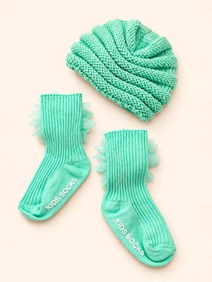 Mulberro Woollen Mint Green 3D Daisy Turban Cap & Flower Socks Set | Soft Knit | Baby Girls 0–12 Months - Kids Accessories