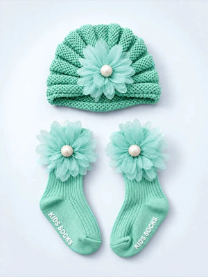 Mulberro Woollen Mint Green 3D Daisy Turban Cap & Flower Socks Set | Soft Knit | Baby Girls 0–12 Months - Kids Accessories