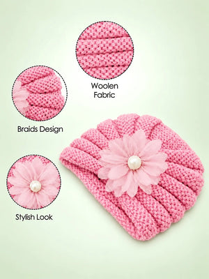 Mulberro Woollen Pink 3D Flower Woollen Turban Cap & Flower Socks Set | Soft Knit | Baby Girls 0–12 Months - Kids Accessories