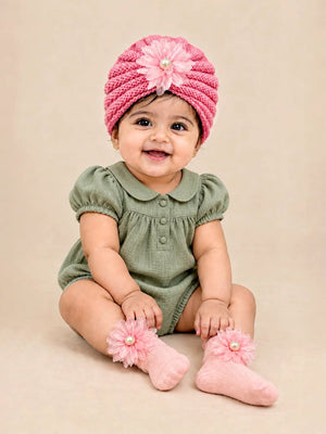 Mulberro Woollen Pink 3D Flower Woollen Turban Cap & Flower Socks Set | Soft Knit | Baby Girls 0–12 Months - Kids Accessories