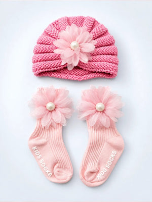 Mulberro Woollen Pink 3D Flower Woollen Turban Cap & Flower Socks Set | Soft Knit | Baby Girls 0–12 Months - Kids Accessories