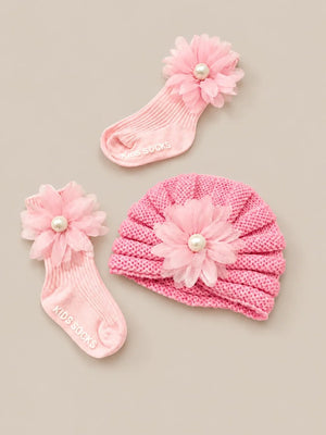 Mulberro Woollen Pink 3D Flower Woollen Turban Cap & Flower Socks Set | Soft Knit | Baby Girls 0–12 Months - Kids Accessories