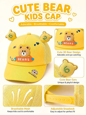 Mulberro Yellow 3D Bear Kids Cap with Ears Adjustable 2-6Y - Kids Accessories