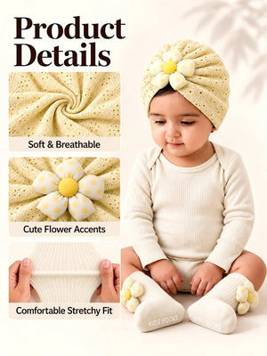 Mulberro Yellow 3D Polka Dot Flower Turban Cap & 3D Bow Booties Set | Eyelet Fabric | Baby Girls 0–12 Months - Kids Accessories