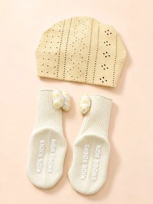 Mulberro Yellow 3D Polka Dot Flower Turban Cap & 3D Bow Booties Set | Eyelet Fabric | Baby Girls 0–12 Months - Kids Accessories