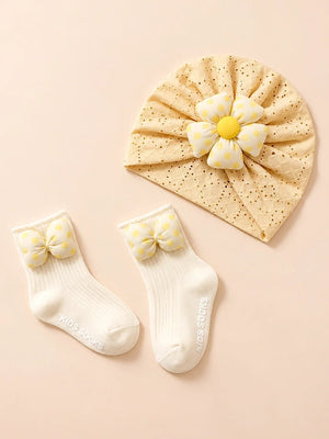 Mulberro Yellow 3D Polka Dot Flower Turban Cap & 3D Bow Booties Set | Eyelet Fabric | Baby Girls 0–12 Months - Kids Accessories