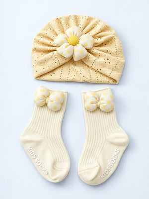 Mulberro Yellow 3D Polka Dot Flower Turban Cap & 3D Bow Booties Set | Eyelet Fabric | Baby Girls 0–12 Months - Kids Accessories