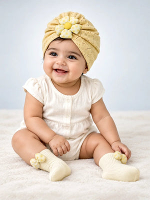 Mulberro Yellow 3D Polka Dot Flower Turban Cap & 3D Bow Booties Set | Eyelet Fabric | Baby Girls 0–12 Months - Kids Accessories
