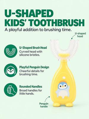 Mulberro Yellow Penguin 2-in-1 Kids' Toothbrush Set | U-Shaped Silicone + Round Brush | Toddlers & Babies - Teether