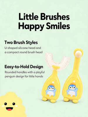 Mulberro Yellow Penguin 2-in-1 Kids' Toothbrush Set | U-Shaped Silicone + Round Brush | Toddlers & Babies - Teether