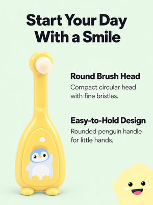 Mulberro Yellow Penguin 2-in-1 Kids' Toothbrush Set | U-Shaped Silicone + Round Brush | Toddlers & Babies - Teether