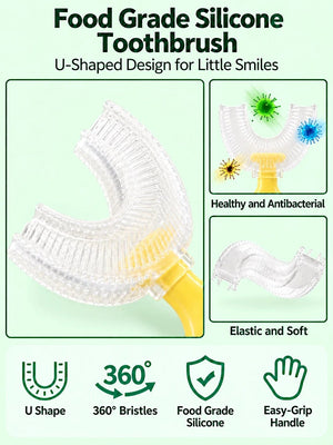 Mulberro Yellow Penguin 2-in-1 Kids' Toothbrush Set | U-Shaped Silicone + Round Brush | Toddlers & Babies - Teether