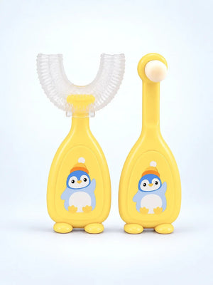 Mulberro Yellow Penguin 2-in-1 Kids' Toothbrush Set | U-Shaped Silicone + Round Brush | Toddlers & Babies - Teether
