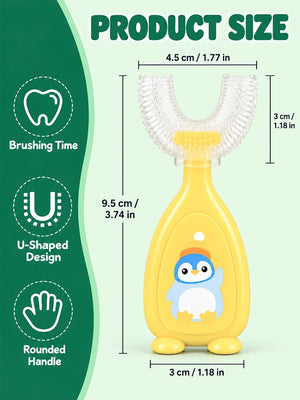 Mulberro Yellow Penguin 2-in-1 Kids' Toothbrush Set | U-Shaped Silicone + Round Brush | Toddlers & Babies - Teether