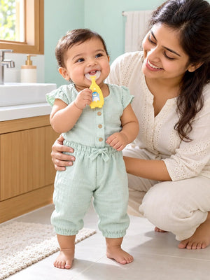 Mulberro Yellow Penguin 2-in-1 Kids' Toothbrush Set | U-Shaped Silicone + Round Brush | Toddlers & Babies - Teether