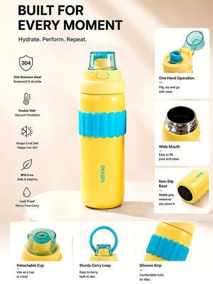 Mulberro Yellow Stainless Steel Water Bottle | Flip Lid, Straw & Carry Loop - Water Bottle