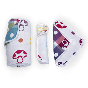 Multi color Mushroom Designed Organic Muslin Blanket, Bib and Napkin Matching Set - Little Surprise BoxMulti color Mushroom Designed Organic Muslin Blanket, Bib and Napkin Matching Set