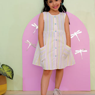 Multi Color Striped Girls Dress with Patch Pockets