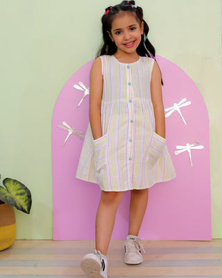 Multi Color Striped Girls Dress with Patch Pockets