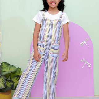 Multi Color Striped Girls Dungaree With White Top